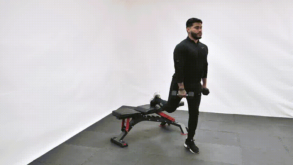 Sentadilla búlgara con mancuernas (pierna fija)