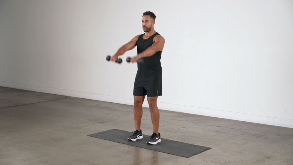 Elevación frontal y press con mancuernas